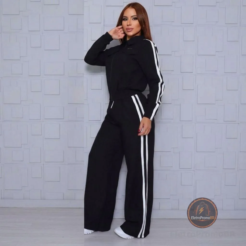 Conjunto Feminino Listras Casual Jaqueta Com Zíper Elástico na Cintura Bolsos Laterais Sensorial