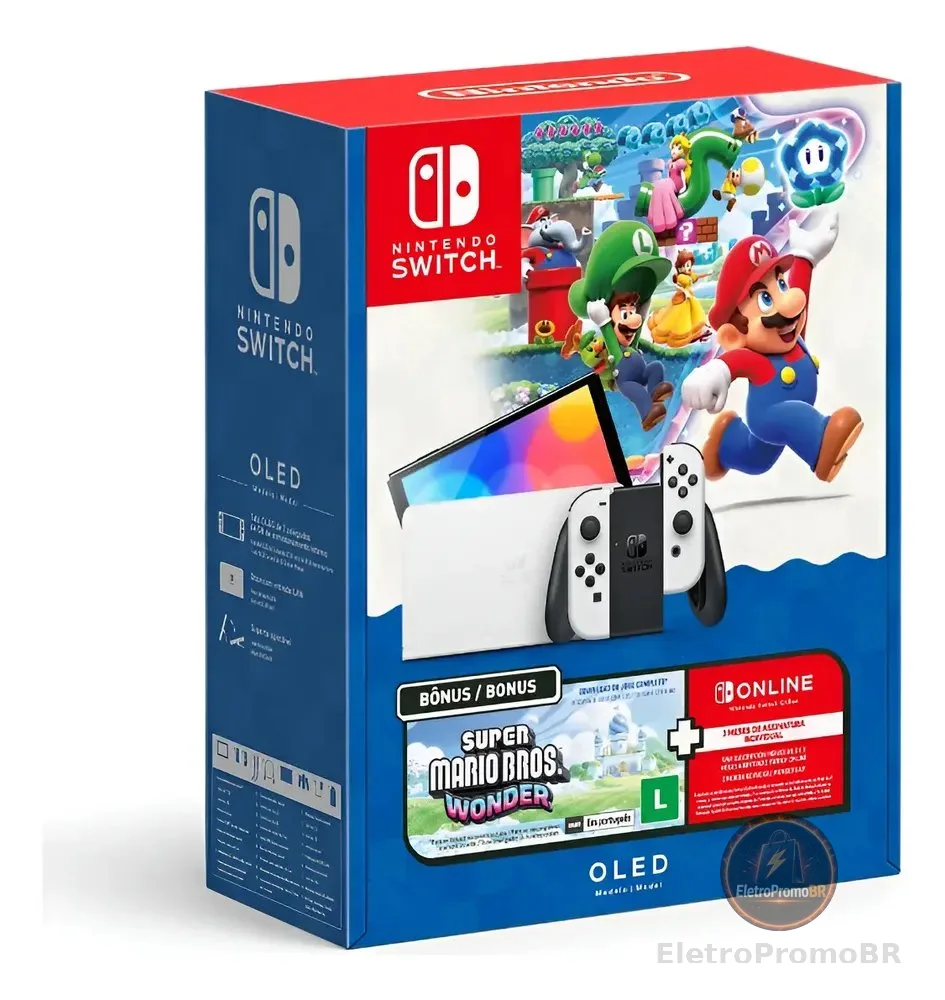 Bundle Nintendo Switch Oled + Super Mario Bros. Wonder + 3mo Nos Branco