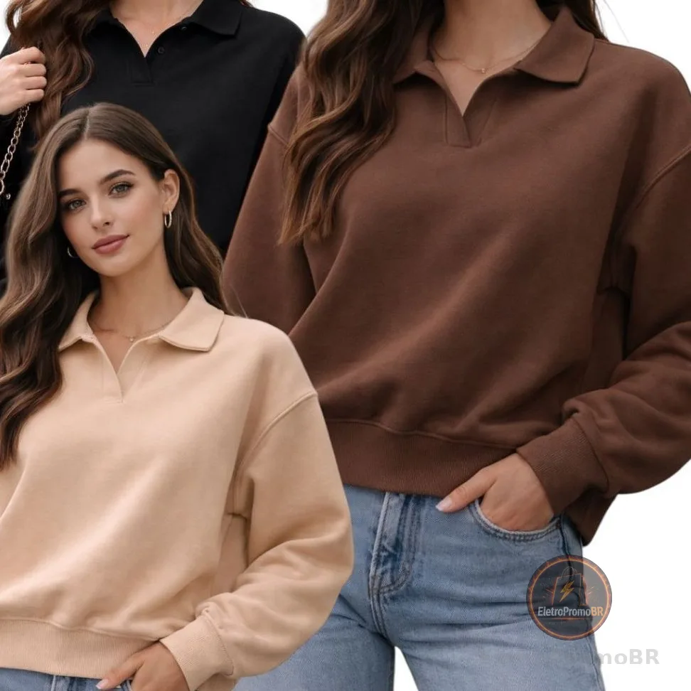 Moletom Feminino Oversized Gola Polo Premium Casual Chic Confortável Manga Longa Moda Inverno