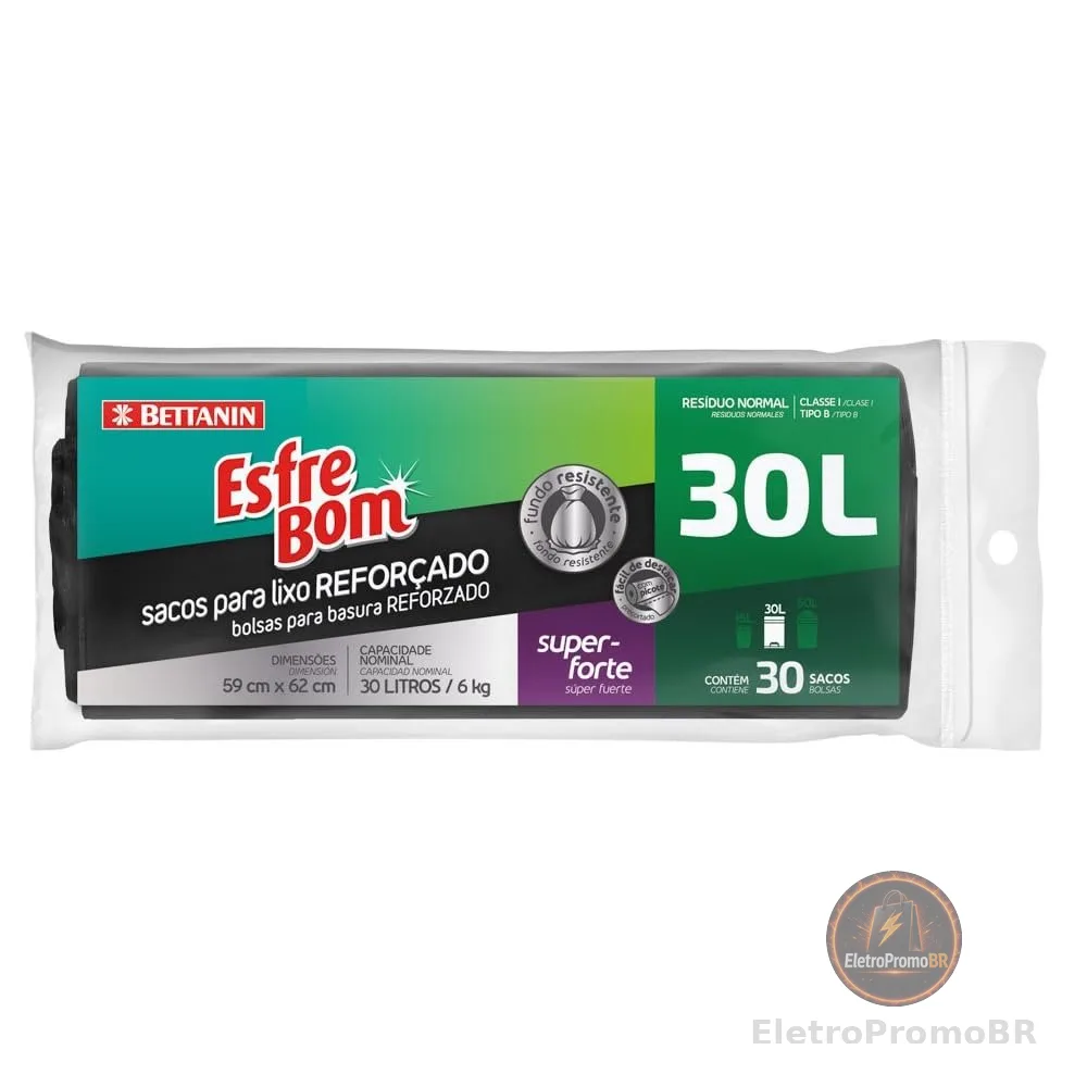 EsfreBom - Rolo de Saco para Lixo com 30 sacos de 30 Litros, Cor Preta, Bettanin