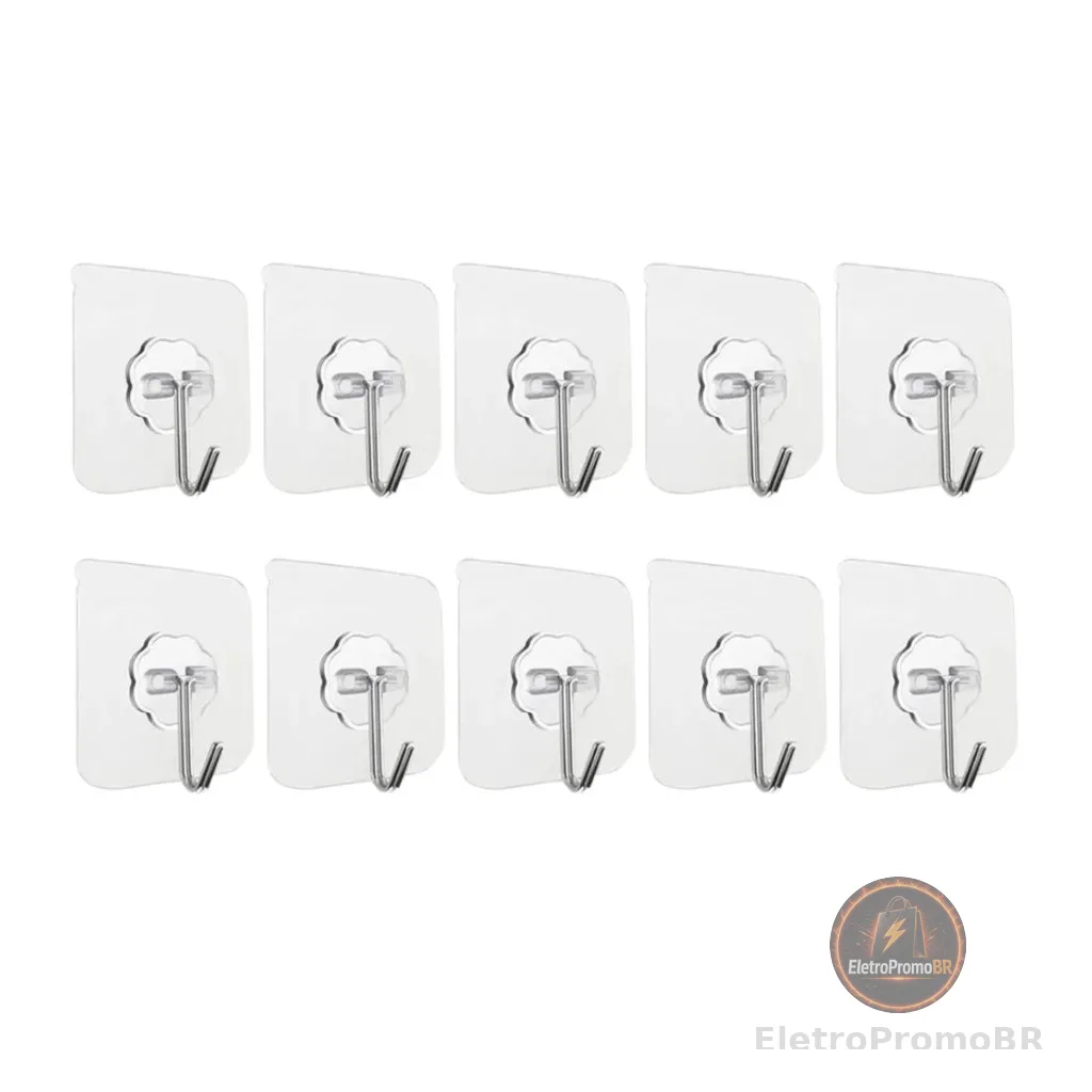 Kit 10 Ganchos Adesivo Transparente Quadro Parede Sem Furos Para Cozinha Multiuso