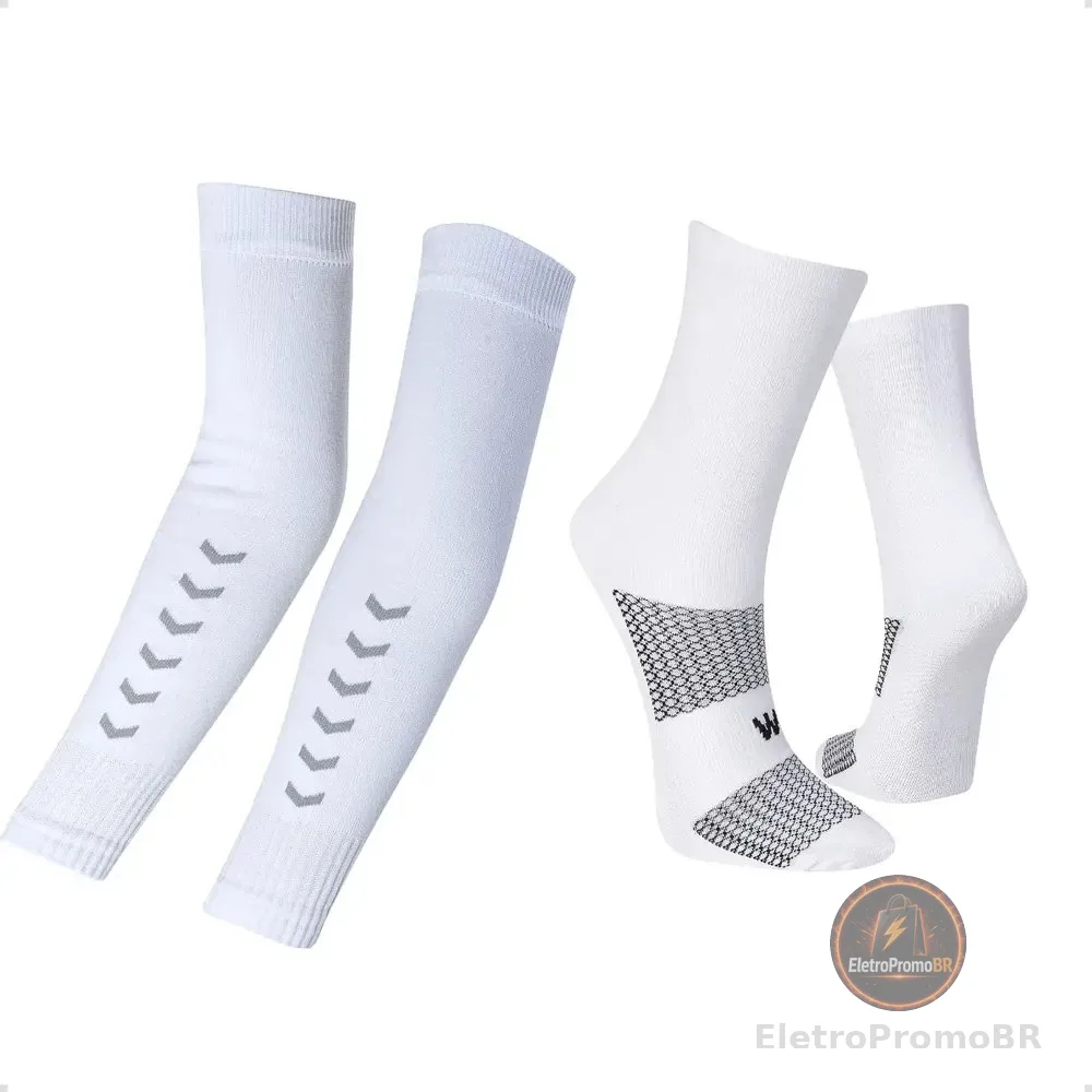 Kit Manguito + Meia Poliamida Unissex Corrida Ciclismo Bike Cor Branco Tamanho 34-39