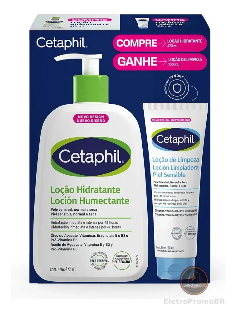 Kit Cetaphil Loção Hidratante 473ml + Loção de Limpeza 100ml - Hidratação 48h Corporal e Facial para Pele Sensível, Normal a Seca