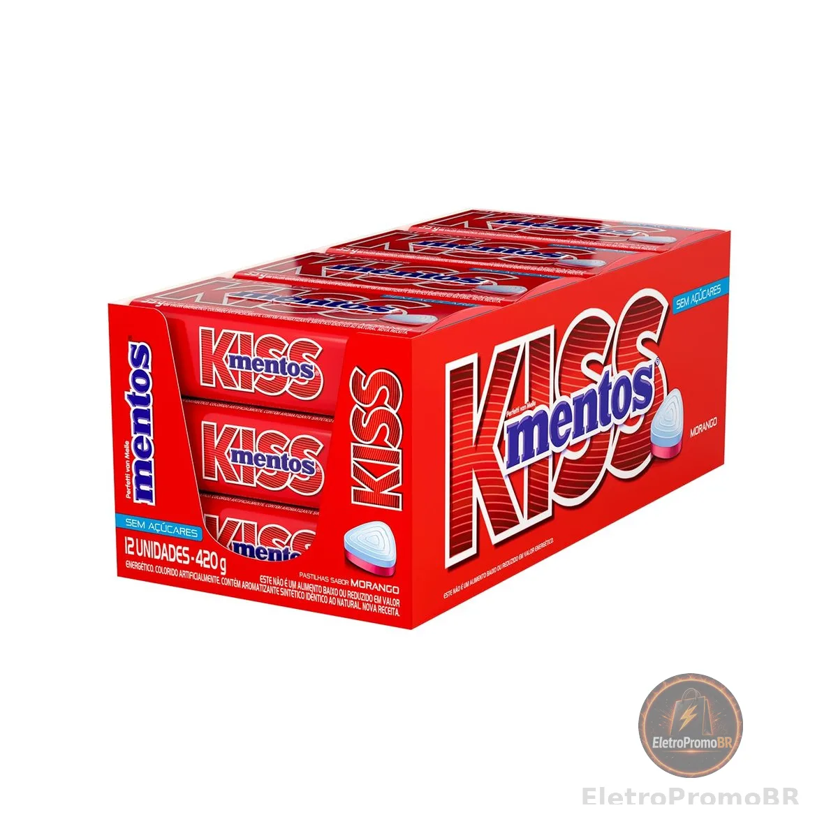 Mentos Kiss Morango Pastilhas Sem Açúcar - Display 420g | 12 Latas x 35g