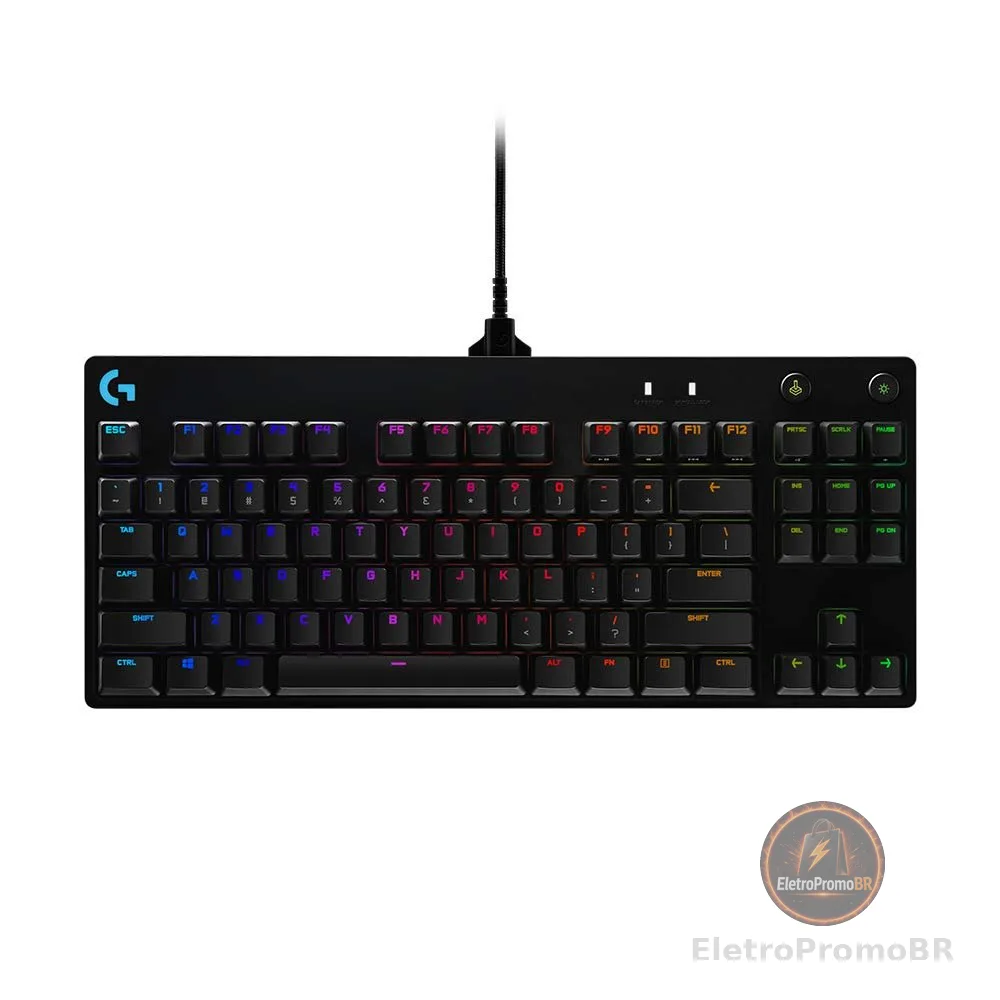 Teclado Mecânico Gamer Logitech G PRO com Layout US, RGB LIGHTSYNC, Design TKL, Cabo Destacável e Switch Exclusivo GX Blue Clicky