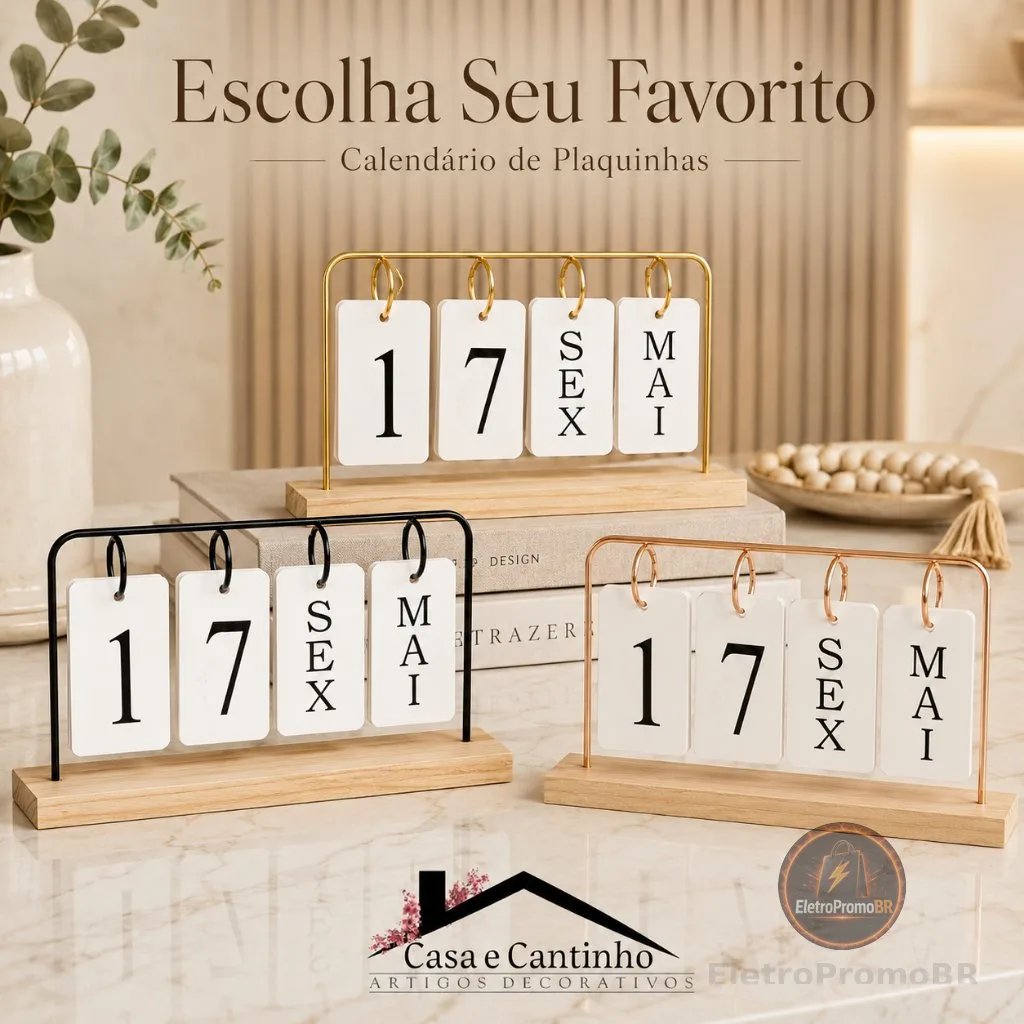 Calendário de Mesa Decorativo com Plaquinhas Preto Rose Dourado Permanente Escritório