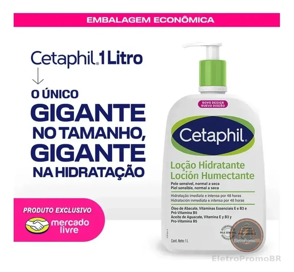 Cetaphil Loção Hidratante Corporal e Facial para Pele Sensível, Normal a Seca 1L - Hidratação 48h