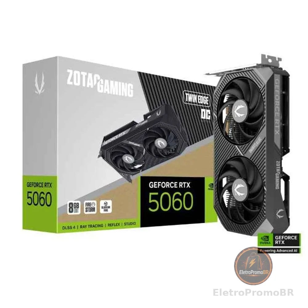 Placa de Vídeo NVIDIA GeForce ZOTAC Gaming RTX5060 8GB Twin Edge OC GDDR7 128BITS ZT-B50600H-10M