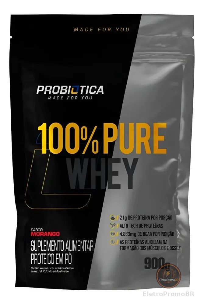 100% Pure Whey Refil 900g Concentrado Morango Probiótica Morango