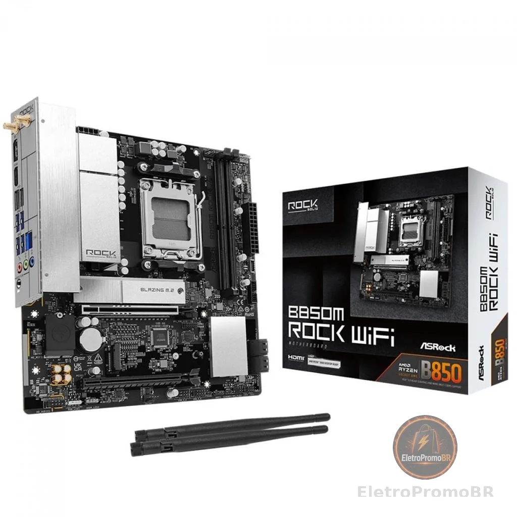 Placa Mãe ASRock B850M Rock WiFi, Chipset B850, AMD AM5, mATX, DDR5