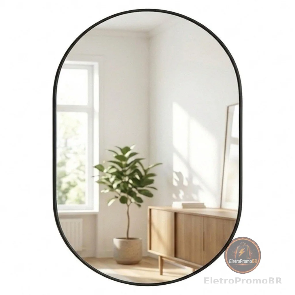 Espelho Pinterest Orgânico Decorativo Grande 64x44cm Borda em Couro 3cm - Mod. Pílula