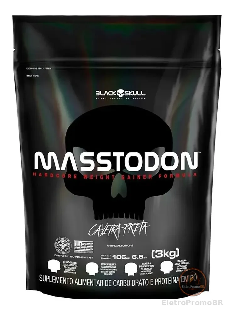 Refil Hipercalórico Masstodon Gainer 3kg Black Skull Sabor Morango