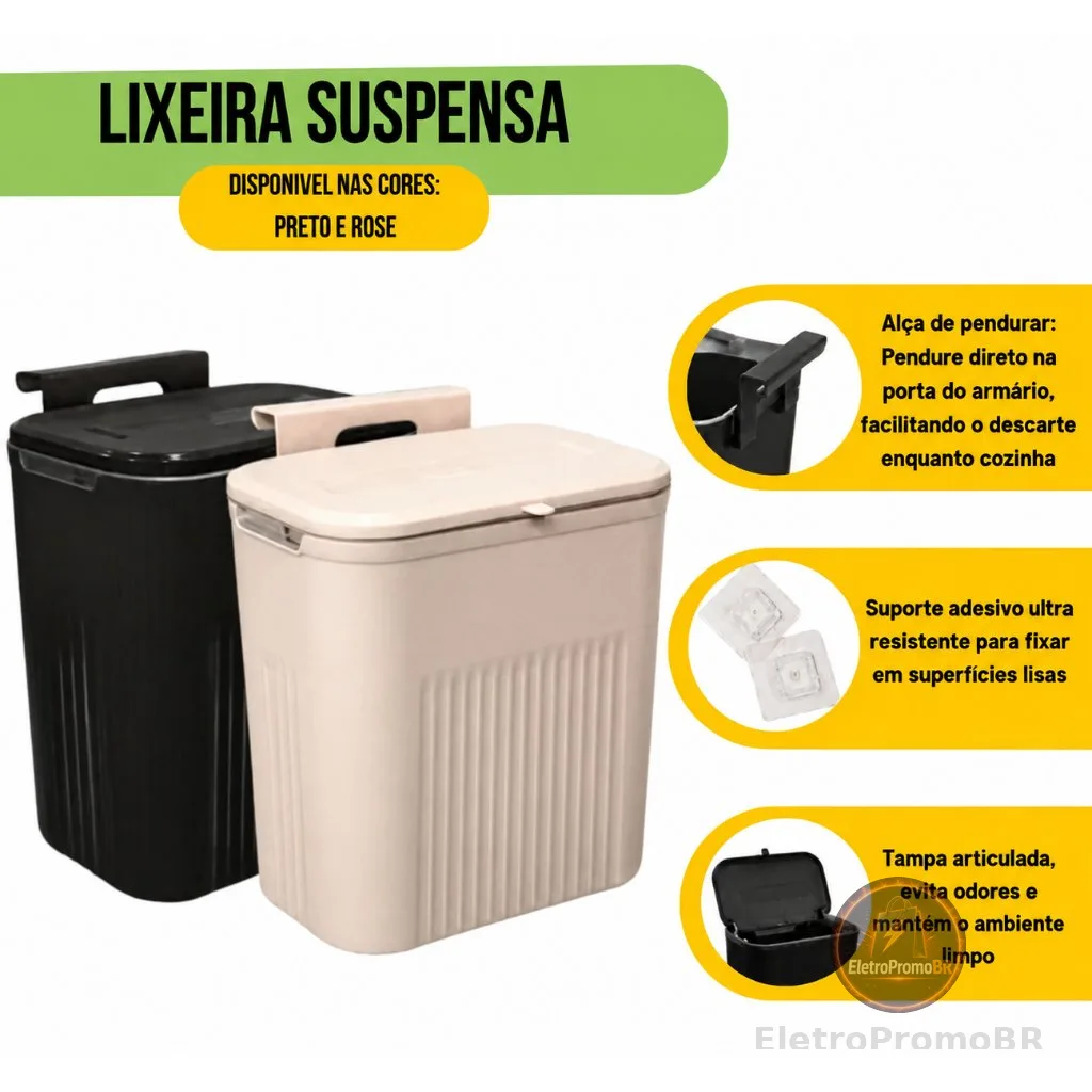 Lixeira Suspensa Balde de Lixo 9 Litros com Adesivo e Alça para Pendurar Rose e Preto Arqplast Toy 25956