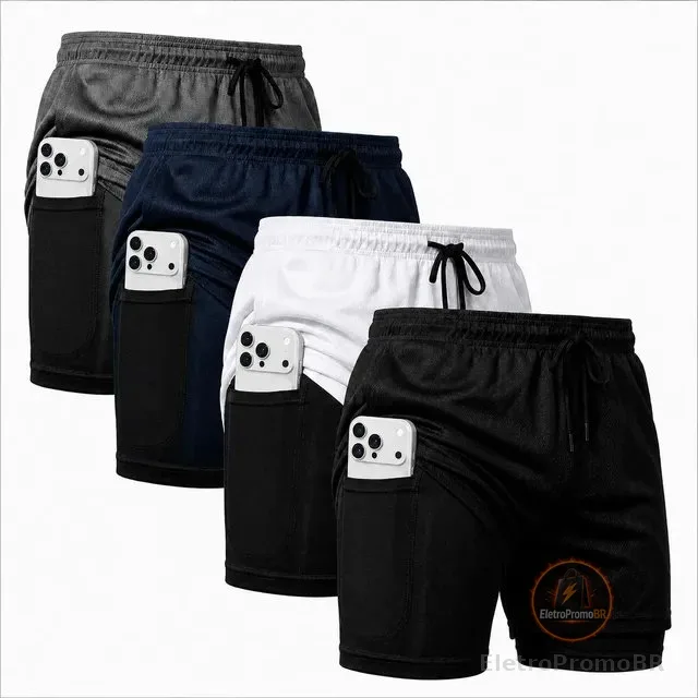 Kit 4 Bermudas 2 Em 1 Masculino Corrida Academia Treino