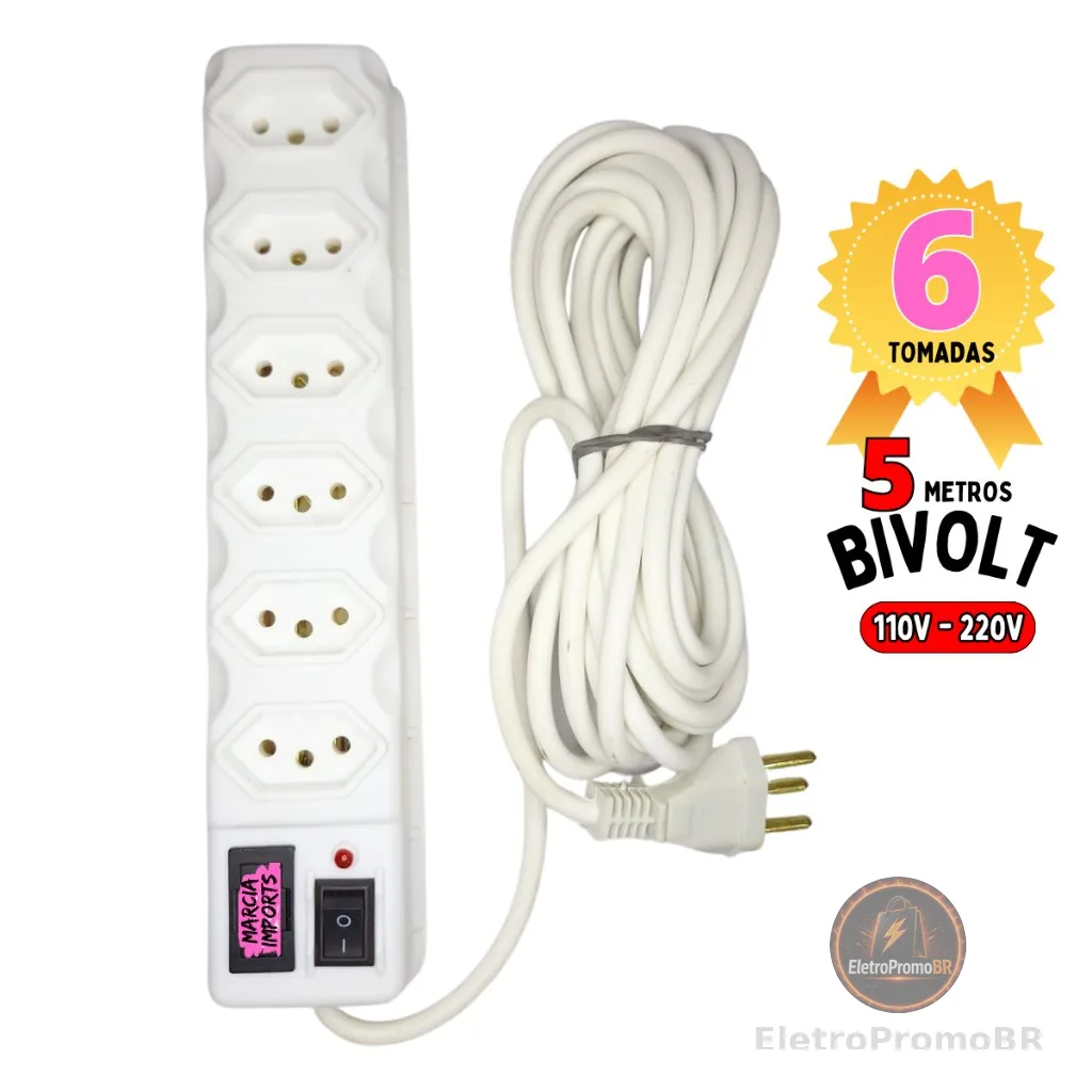 Filtro de Linha 5M Régua elétrica 6,  5, 4 e 3 Tomadas Cabo 5 Metros de fio Fusível 110v-220v Branco