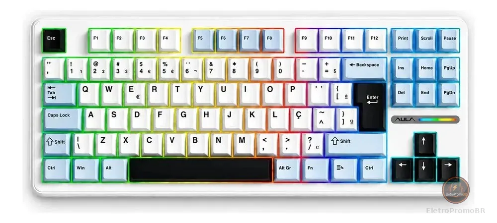 Teclado Mecânico Aula F87 Branco RGB Sem Fio Tri Mode Bluetooth 2.4GHz USB-C