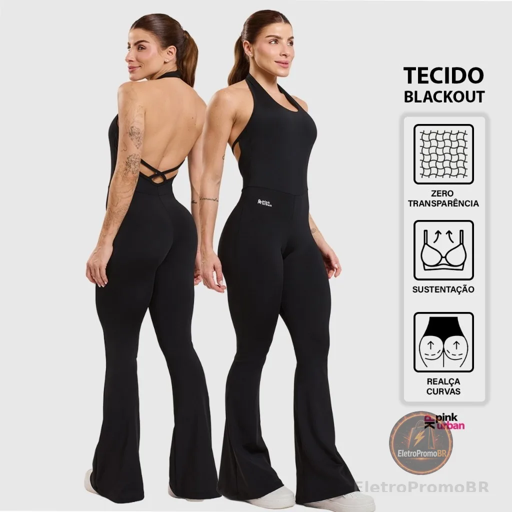 Macacão Fitness Feminino Flare Costa Nua Trançado Decote U Frente Única Blackout Zero Transparência