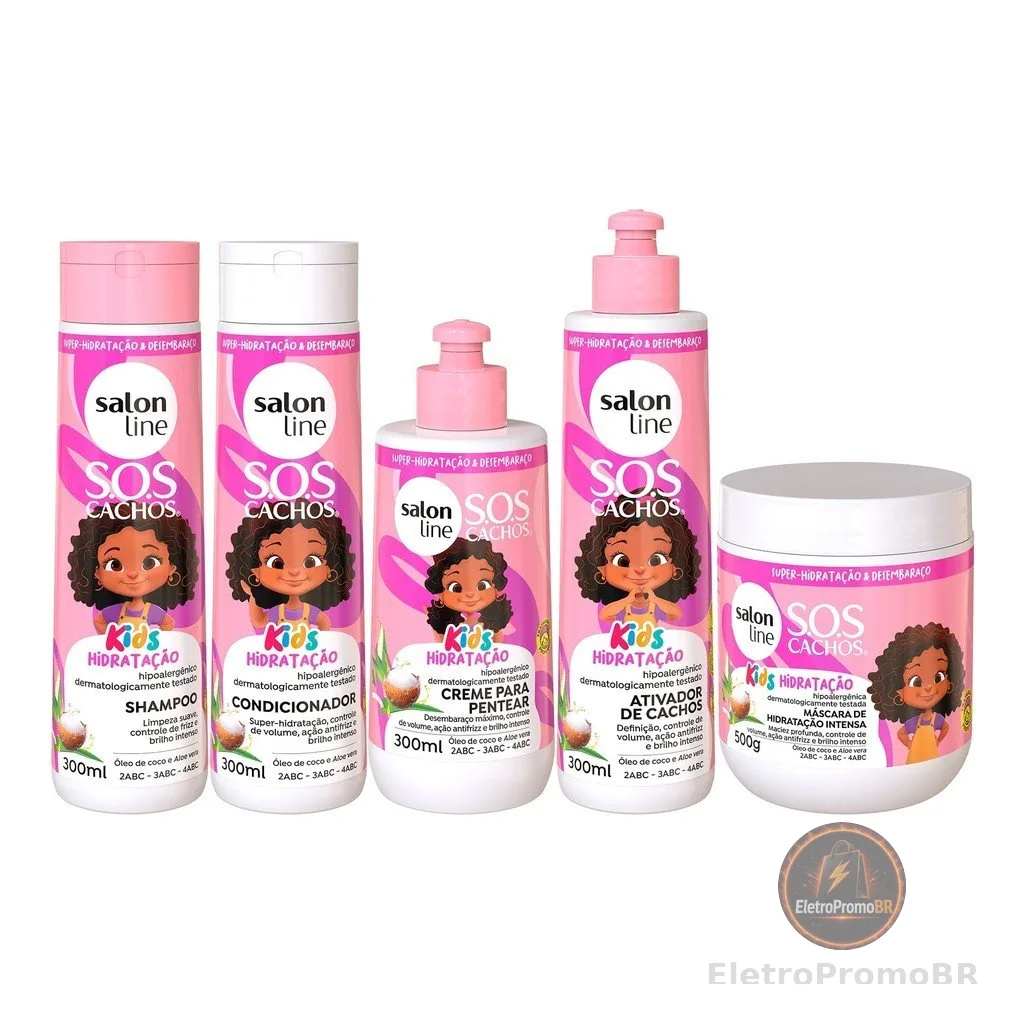 Kit Shampoo + Condicionador + Máscara + Ativador de Cachos + Creme de Pentear SOS Cachos Kids Hidratação