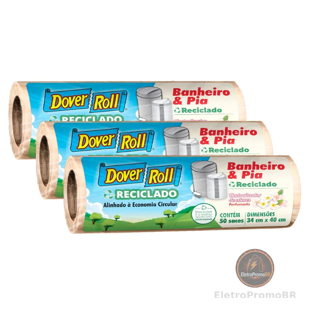 Kit 3 Sacos Para Lixo Banheiro e Pia Odor Defense Reciclado 34x40cm 50un - Dover Roll