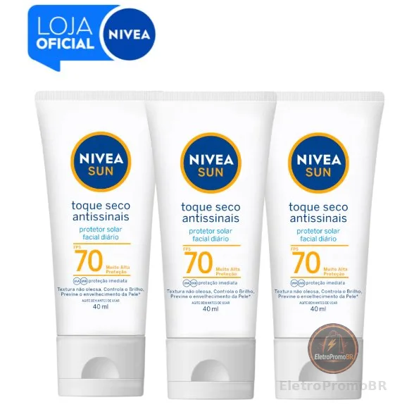 KIT NIVEA SUN Protetor Solar Facial Toque Seco Antissinais FPS 70 40ml - 3 unidades