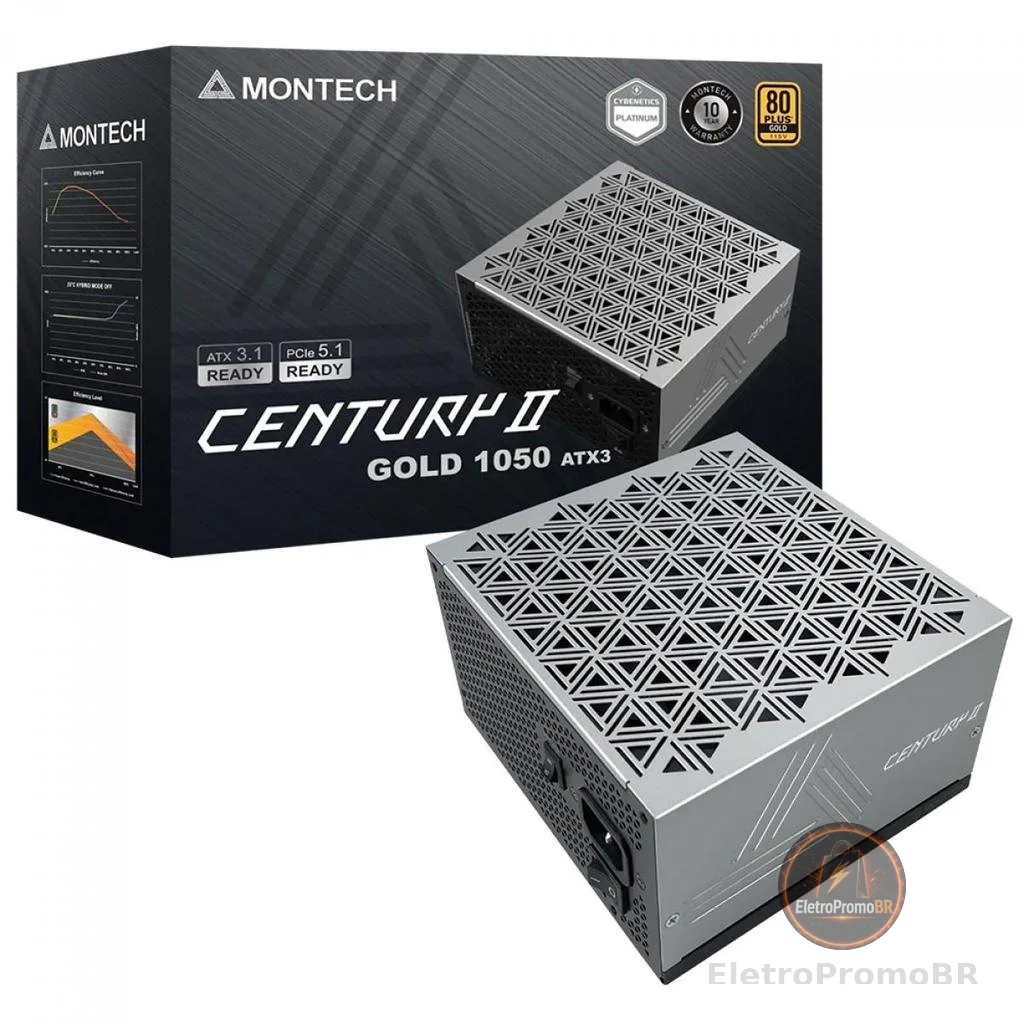 Fonte Montech Century II 1050W, 80 Plus Gold, Cybenetics Platinum, PCIe 5.1, PFC Ativo, Full Modular, Cinza