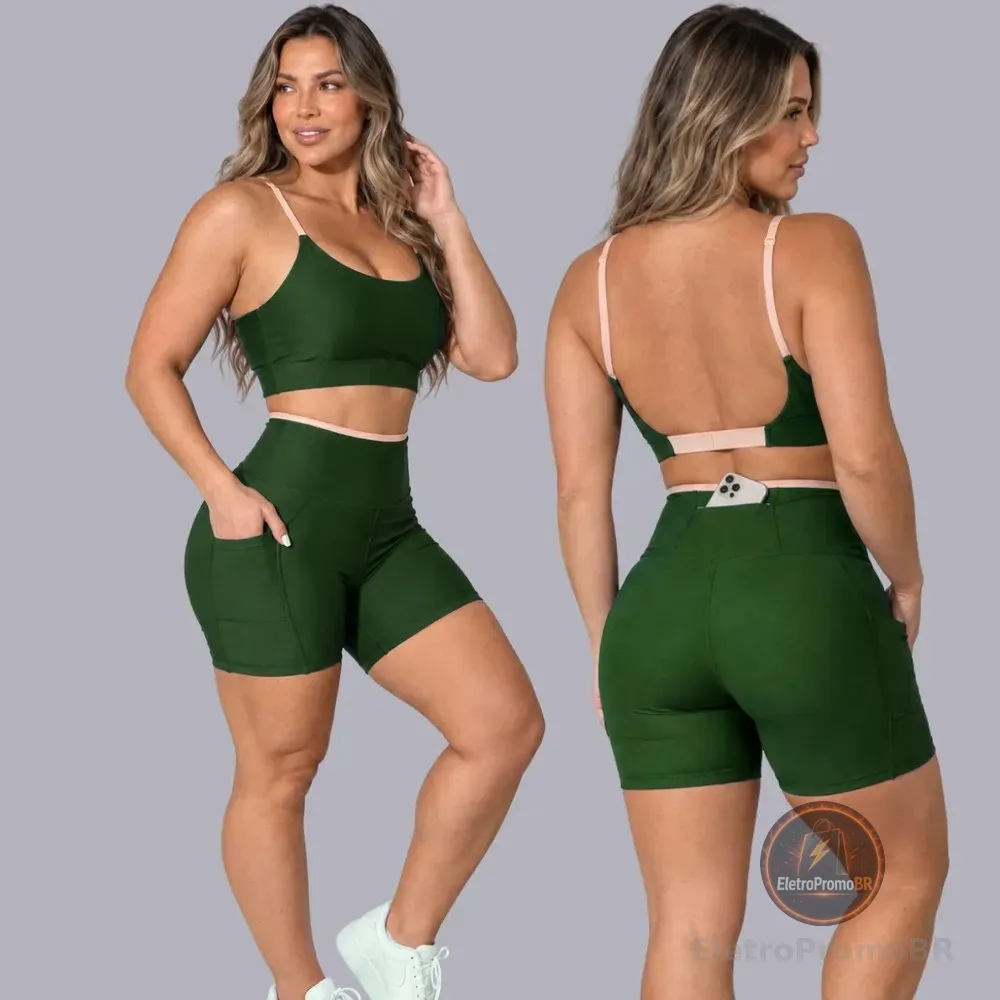 Conjunto Academia Fitness Top E Short Kit Zero Transparência Verde/areia Liso G 40/42
