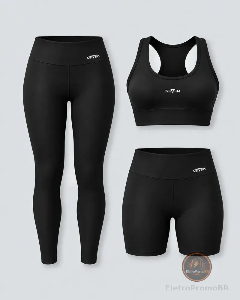 Kit Conjunto Feminino Fitness Top Nadador + Legging + Short Preto Gg