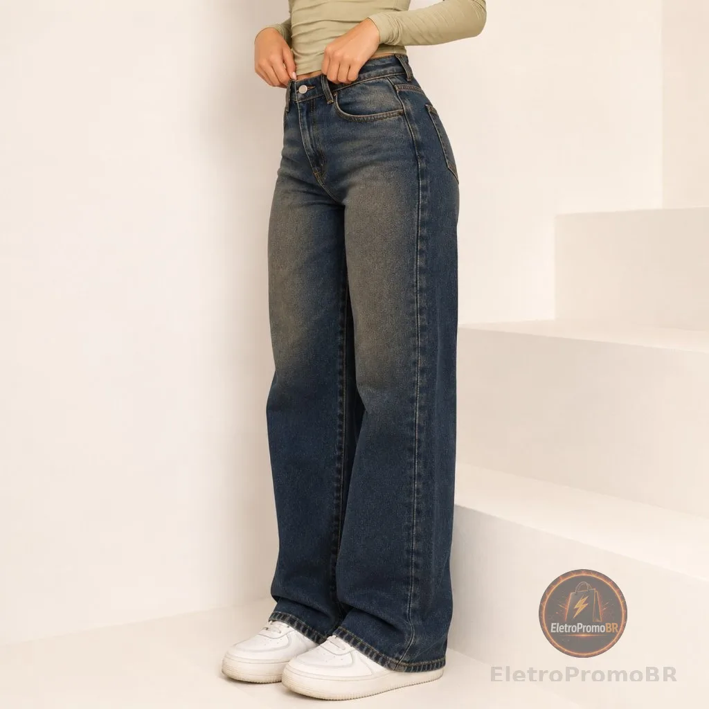 Calça Wide Leg Jeans Feminina Black Marmorizada Cós Alto 100% Algodão Premium SOBRETINTO CARAMELO SUJINHA