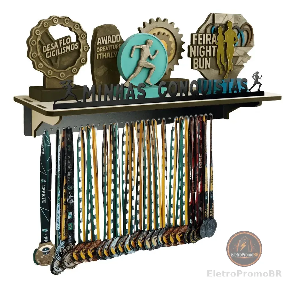 Porta Trofeus E Medalhas Personalizado Corrida Feminino 60cm Preto