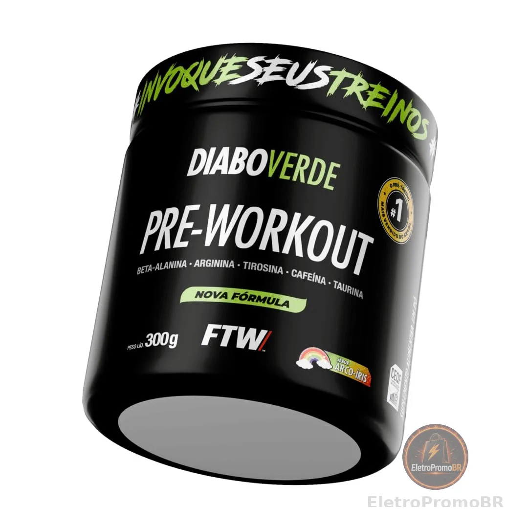 Pré Treino Pre Workout DIABO VERDE Pote 300g Sabor Arco Iris FTW - Suplemento Com Cafeína, Aminoácidos Beta‑Alanina e Arginina para Treinos e Atividades Físicas