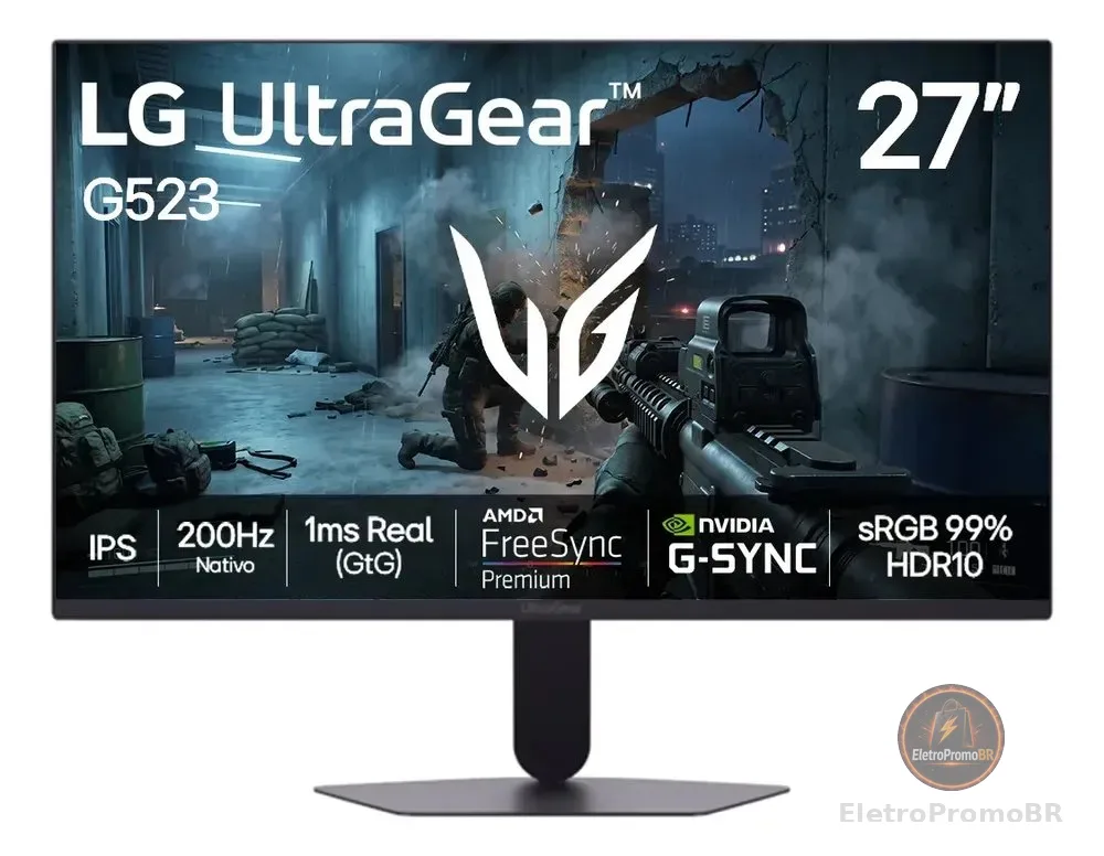 LG UltraGear Monitor Gamer 27" IPS 200Hz, 1ms (GtG), Full HD (1920x1080), HDR10, NVIDIA G-SYNC AMD, FreeSync Premium, sRGB 99%, Preto - 27G523B