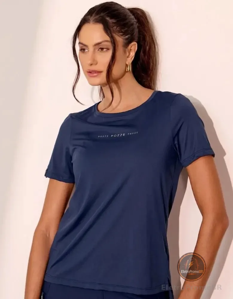 Tshirt Feminina Treino Academia Malha Leve Dry Fit Alongada Azul-marinho Lisa G
