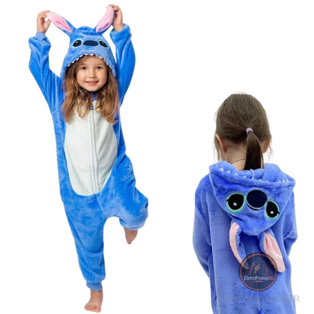 Pijama Macacão Stitch menino Menina Infantil Kigurumi De Pelúcia Com Zíper