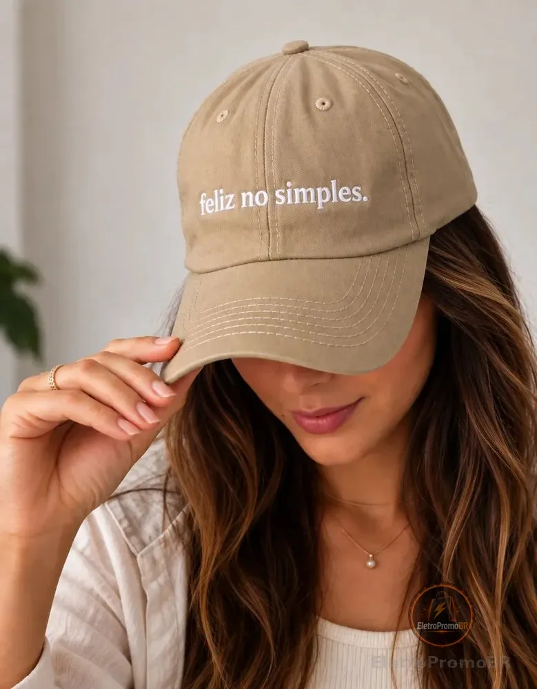Boné Feliz No Simples Aba Curva Frase Bordado Ajustável Moda Bege Unico