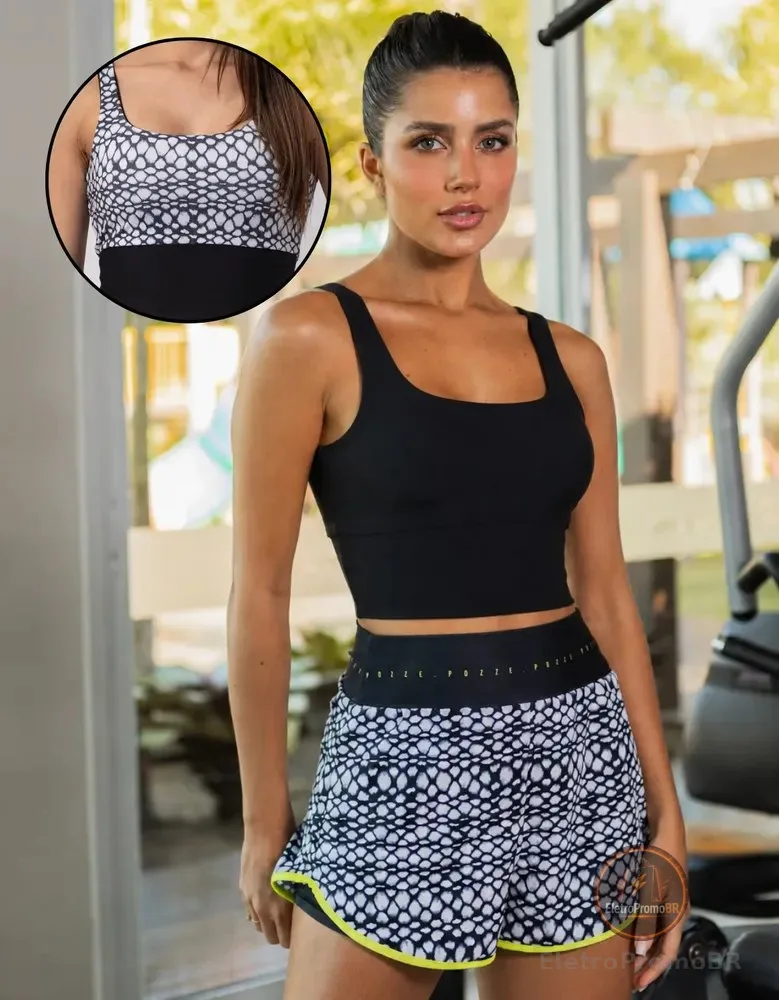 Conjunto Fitness Feminino Short Com Bolso E Top Dupla Face Preto Multicolorido Gg