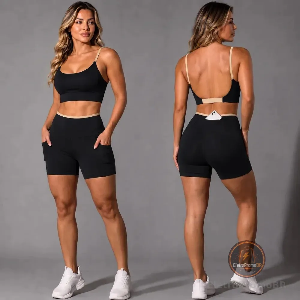 Conjunto Academia Fitness Top E Short Kit Zero Transparência Preto/areia Liso G 40/42