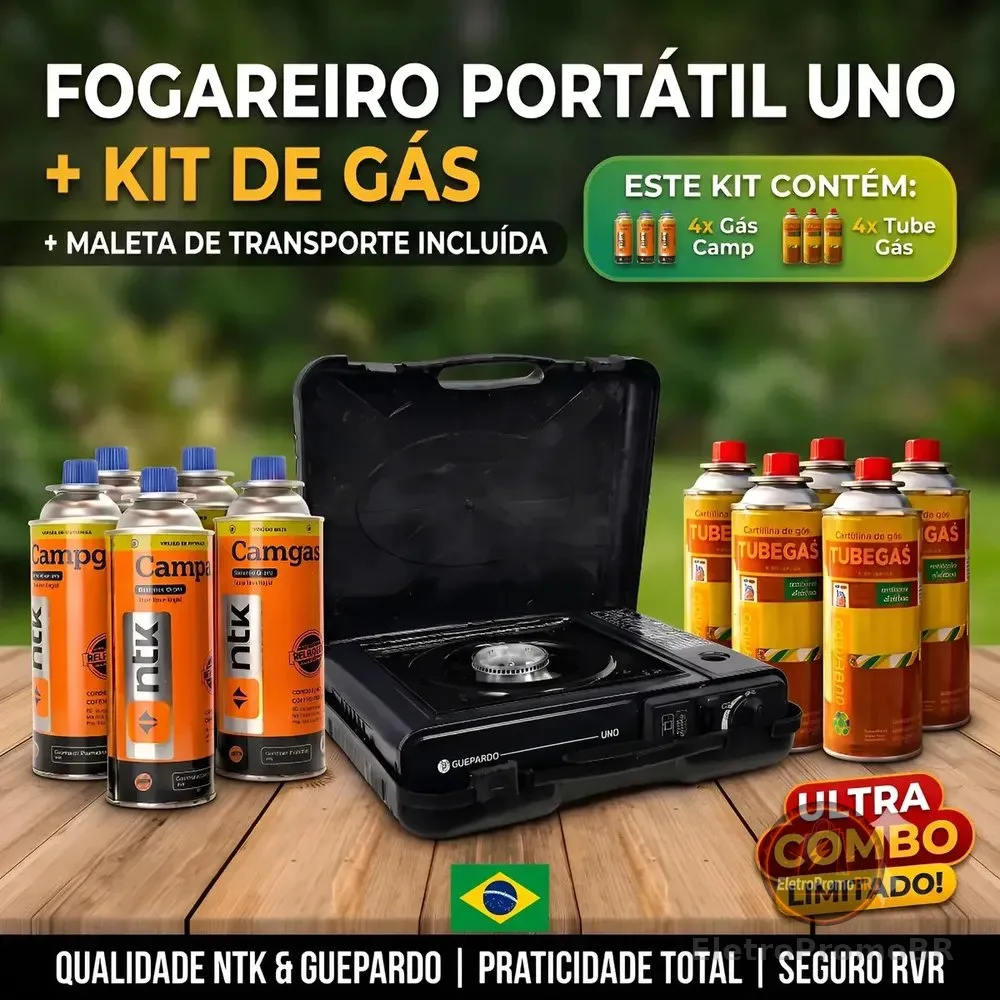 Kit Fogareiro Fogão Portátil Pesca Camping + 4 Refil Carga