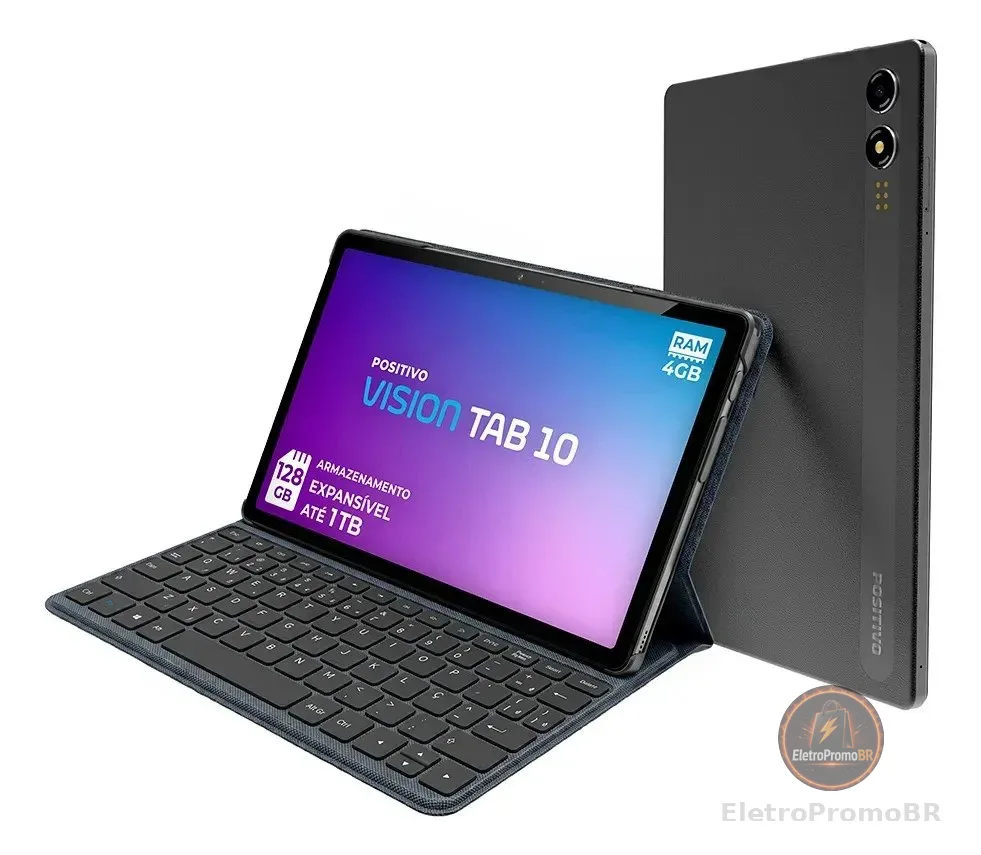 Positivo Vision TAB10 T3010 4GB RAM 128GB SSD com Capa Teclado Octa-Core 5 13MP Bateria 6000mAh Tela 10.1“ HD Wifi AC e 4G Full Lamination -​ Preto