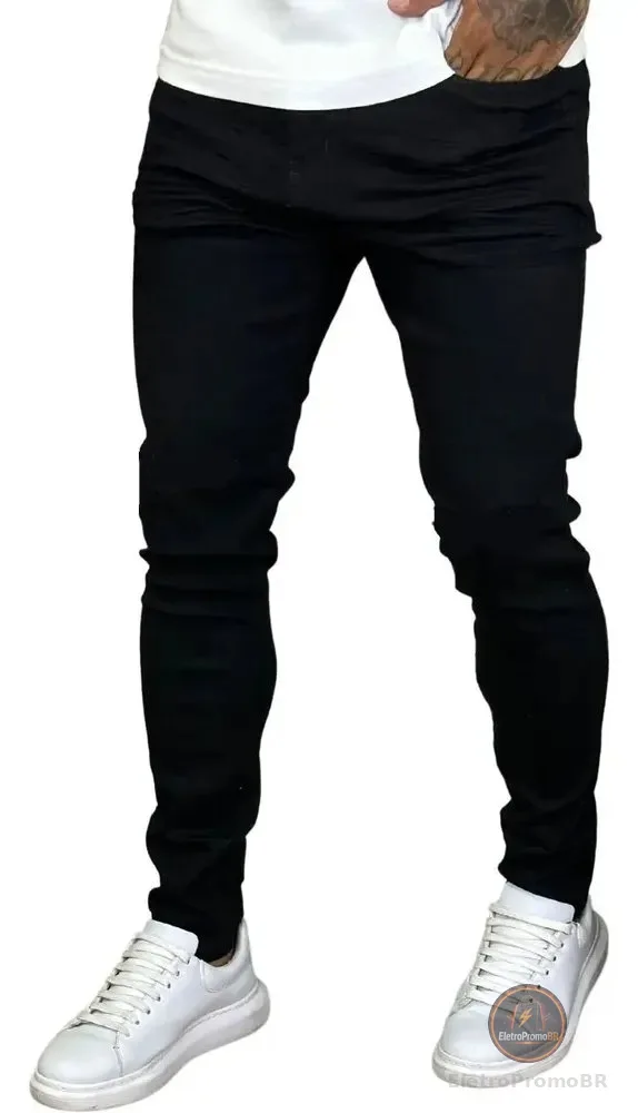Calça Skinny Preta Masculina Jeans Com Elastano Lycra Preto 44