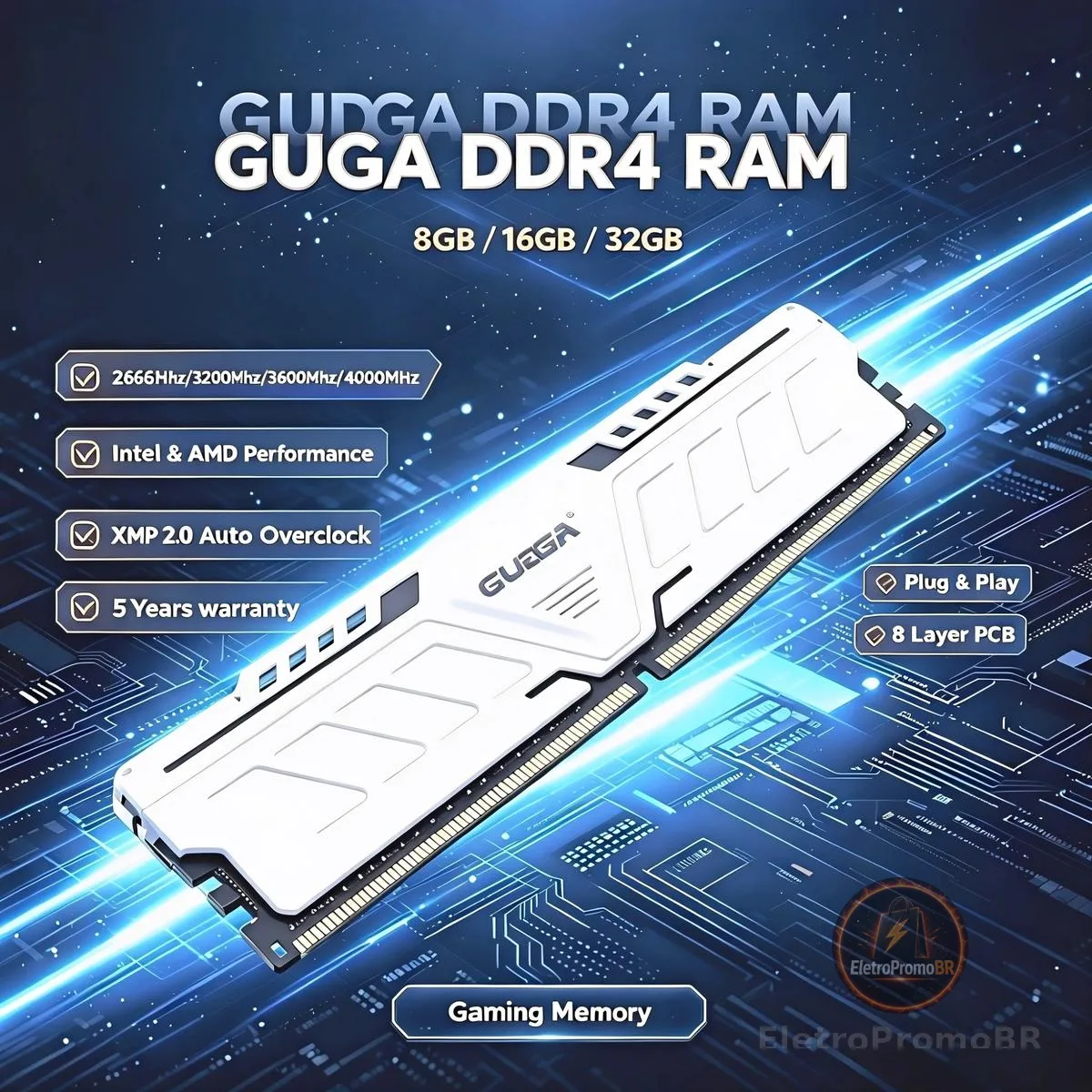 ‌ Memória GUDGA DDR4 3200MHz/3600MHz/2666MHz 8GB/16GB/32GB DIMM de 288 Pinos para Desktop com Dissipador de Calor de Alumínio