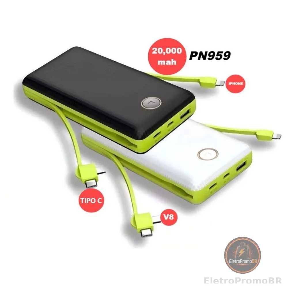 Power Bank 20000mAh com 3 Cabos Embutidos, Carregador Portátil para iPhone e Android PN-959