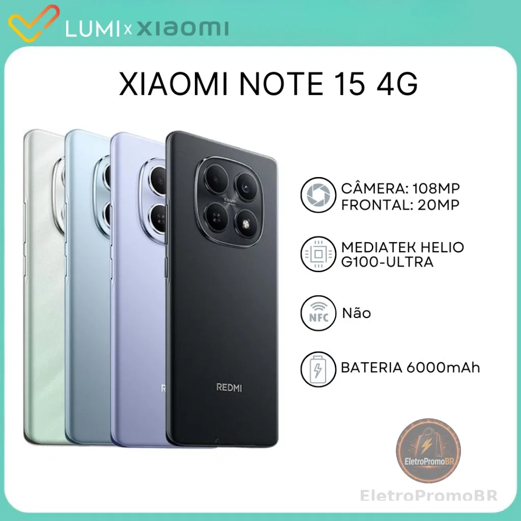 Xiaomi Redmi Note 15 4G, Câmera 108 MP, Bateria 6000mAh,128/2562GB - 6/8GB RAM, Processador Hélio G100-Ultra