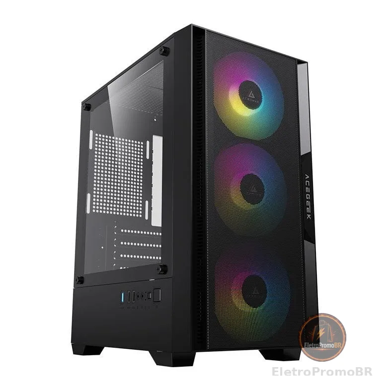 Gabinete Gamer Acegeek Stratus Mesh, Rainbow, Mid-Tower, Com 3 Fans, Preto, AG-STRATUS-MESH-BK-I3F