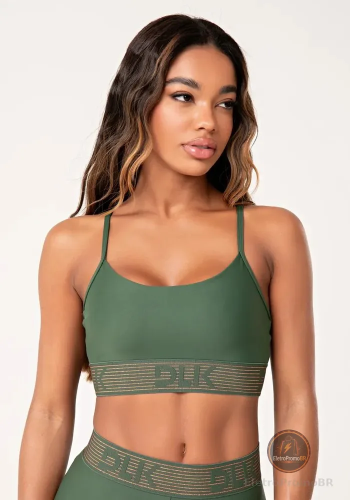 Top Fitness Feminino Com Bojo E Elástico Lurex Lush Dlk Verde Liso M