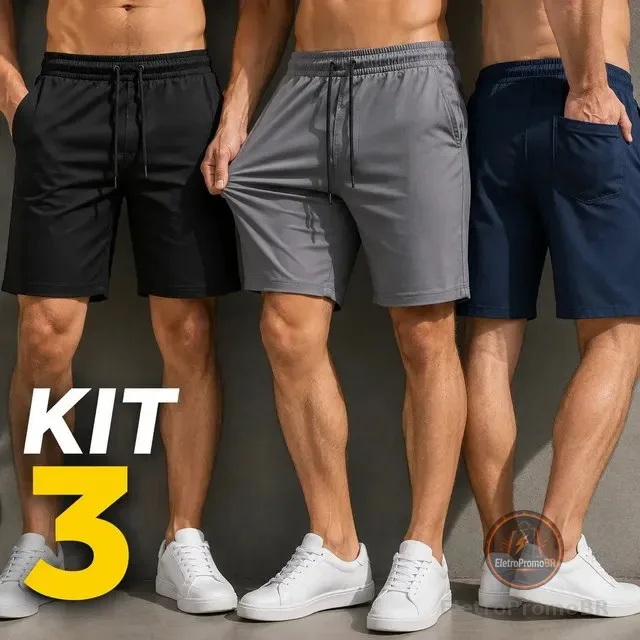 Kit 3 Short Bermuda Masculino Elastano Academia Casual Bolso