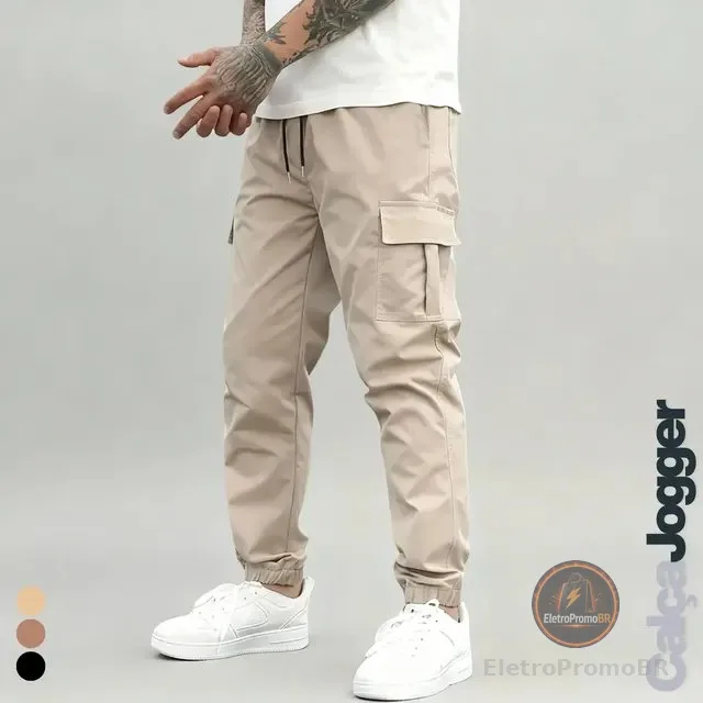 Calça Jogger Cargo Masculina Sarja Calca Streetwear Punho