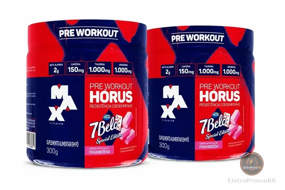 Pré Treino Hórus 7 Belo Max Titanium 300g Sabor Framboesa Kit 2 150mg Cafeína Energia Foco Performance