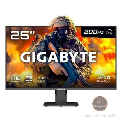 Monitor Gamer Gigabyte 25", FHD, 200Hz, 1ms, IPS, VRR, FreeSync Premium, HDR 10, Alto-falante Embutido - GS25F2-SA