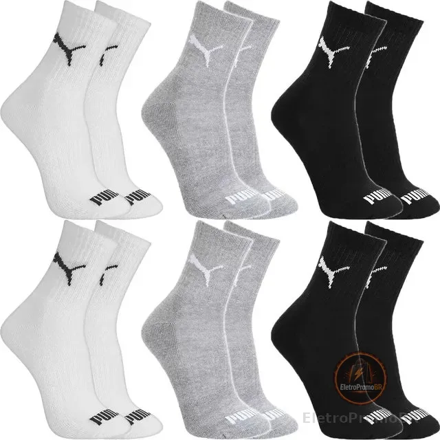 Kit 6 Pares Meias Puma Algodão Cano Médio Alto Atoalhado