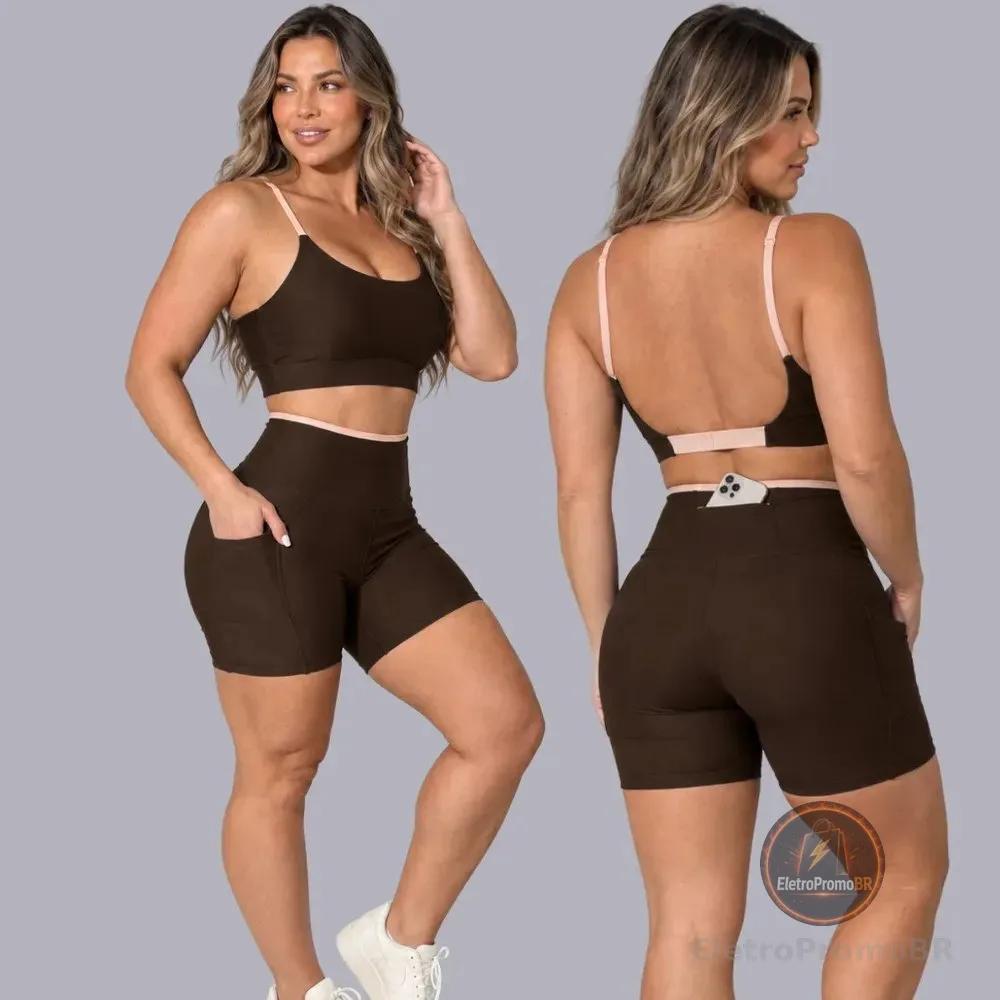 Conjunto Academia Fitness Top E Short Kit Zero Transparência Marrom/areia Liso Gg 42/44